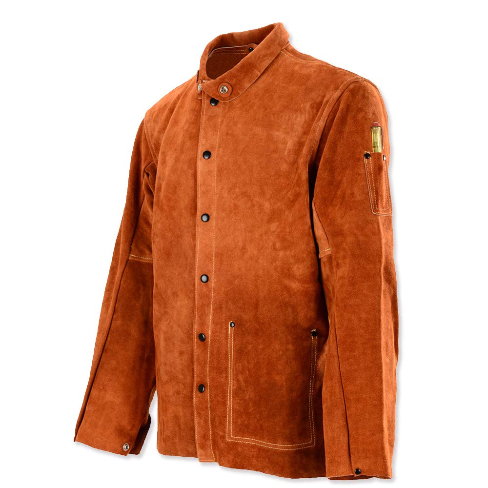QeeLink Leather Welding Jacket - Flame-Resistant Heavy Duty Work Welder Jackets - Split Cowhide Welding Coat for Men Women (Large)