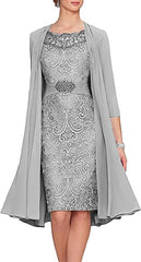 3/4 Sleeves Mother of The Groom Dresses for Wedding Tea Length 2 Pieces Floral Lace Silver Formal Dress with Jacket, US 4