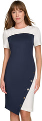 Tommy Hilfiger Women's Short Sleeve Jewel Neck Colorblock Studded Asymmetrical Hem Crepe Mini Dress