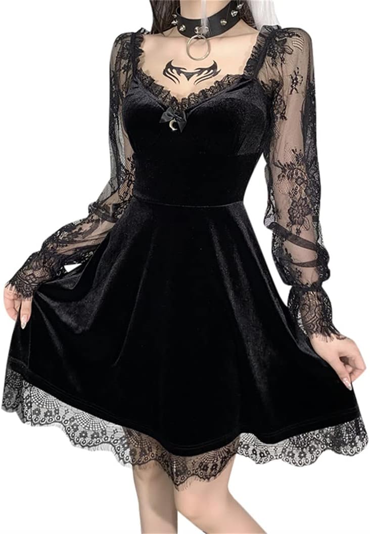 Gothic Sexy Dress for Women Black Velvet Lace Long Sheer Sleeve Vintage Victorian