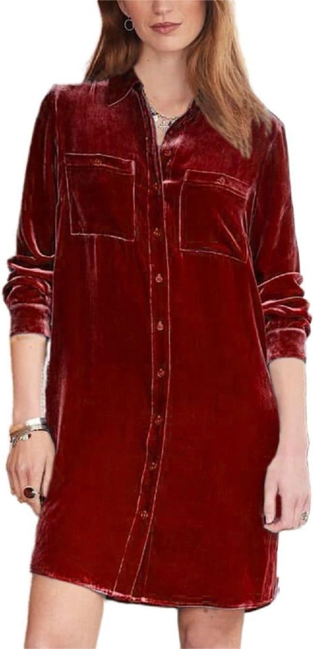 Women's Velvet Button Midi Dress Long Sleeve Velour Button-up Oversized Casual Tunic Dress