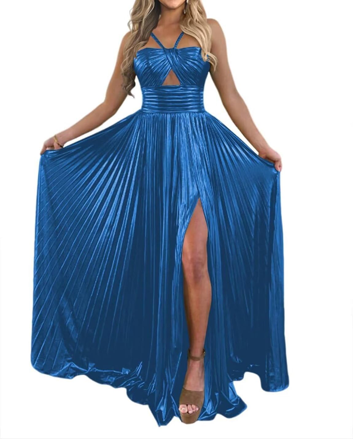 Women's Sparkly Metallic Prom Dresses Long with Slit Halter A Line Satin Formal Evening Party Gowns