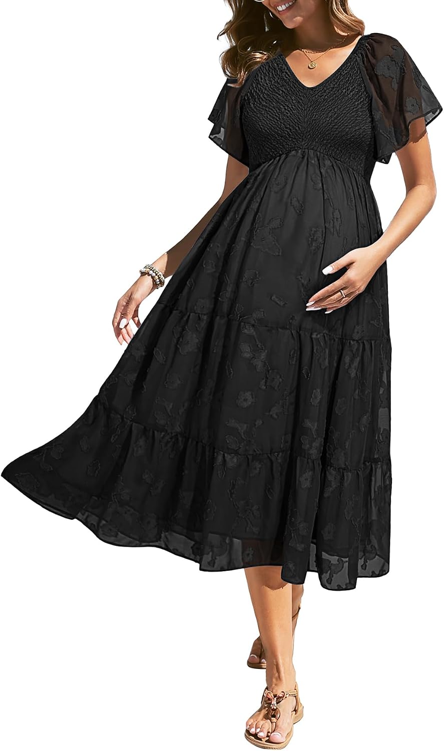 Maternity Dress for Baby Shower - 2025 Photoshoot Pregnancy Summer Midi Casual Flutter Sleeve Dress