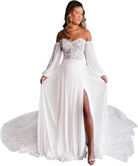 Off The Shoulder Chiffon Beach Wedding Dresses for Bride Long Sleeve Lace Boho Bridal Gowns with Slit LSW102
