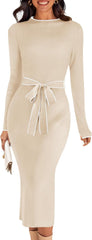 MEROKEETY Women's 2026 Long Sleeve Midi Sweater Dress Fall Winter Spring Mock Neck Contrast Tie Waist Bodycon Knit Dresses