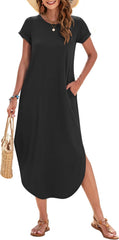 WNEEDU Womens Summer Dresses Casual Loose Short Sleeve Long T Shirt Dress Split Maxi Beach Sundress Travel Vacation Outfits