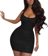 AIBEARTY Women PU Leather Bodycon Dress Sexy Sleeveless Low Cut Back Zipper Elastic Mini Dress Party Club Dresses