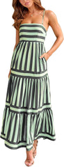 Women Striped Print Maxi Dress Spaghetti Strap Flowy Tiered Dress Sleeveless Casual Summer Sundress