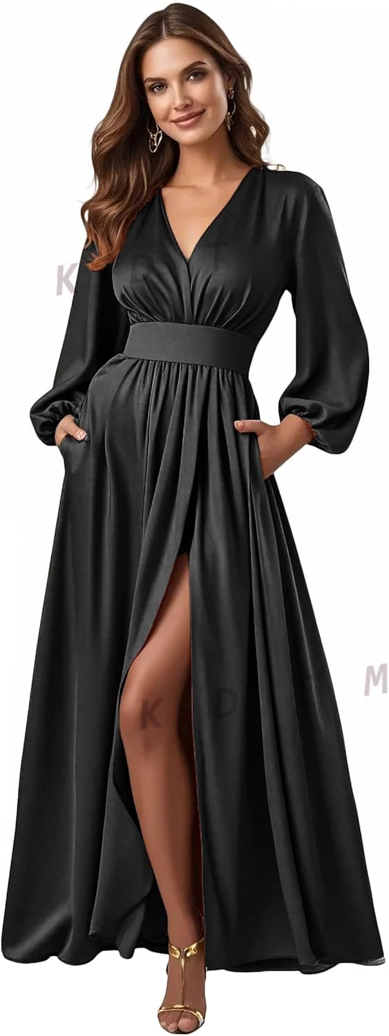 KDTM Satin Bridesmaid Dresses Long Sleeve Formal Dress V Neck Prom Dresses Long with Slit A Line