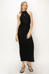 full length of girl wearing black Georgia dress with black heels