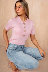 Fenix Pink Rib Knit Collared Top