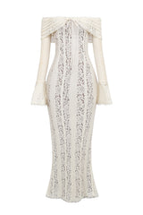 Belle Vintage Floral Lace Off Shoulder Maxi Dress - Cream white
