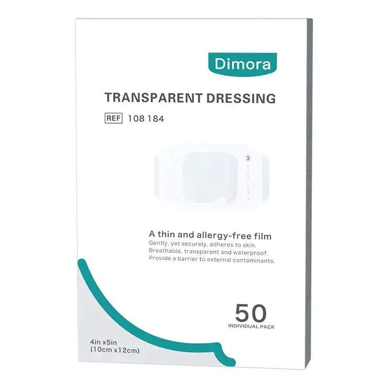 Box of transparent dressing film, 4x5in, hypoallergenic, waterproof, 50-pack