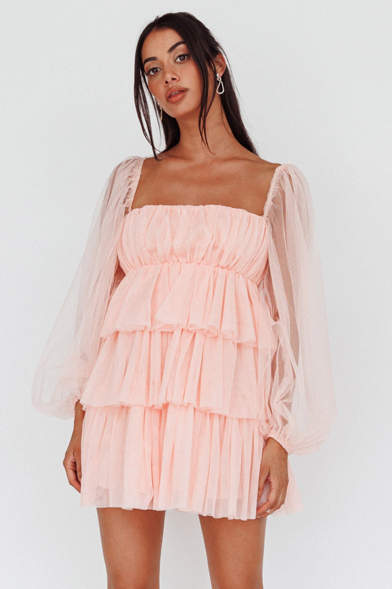 Spring Morning Long Sleeve Tiered Mini Dress Pink by Selfie Leslie