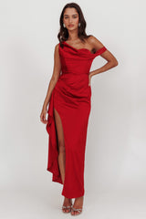 Sensations Off Shoulder Satin Maxi Dress Red by Selfie Leslie