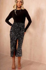 Elodie Black Velvet Sequin 2 in 1 Midi Dress