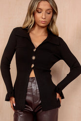 Maria Black Ribbed Celestial Collared Top