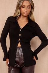Maria Black Ribbed Celestial Collared Top