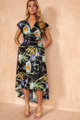 Tillie Black Satin Floral Wrap Dress