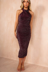 Eleanor Plum Sparkle Halter Neck Dress