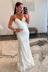 White V Neck Mermaid Sequin Long Prom Dresses