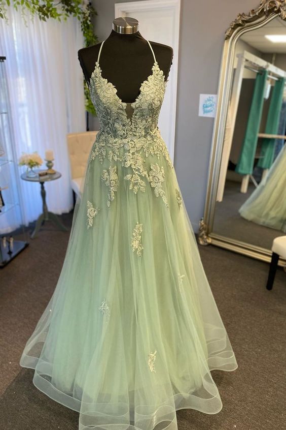 Straps Sage Green Appliques A-line Long Formal Dress fg4484