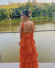 A-line Orange Modest Formal Long Women Evening Prom Dresses fg4780