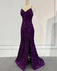 Purple Prom Dress Sequin Mermaid Formal Evening Dress Split fg4738