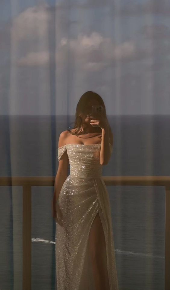 Off Shoulder White Sequin Side Slit Long Evening Prom Dresses, Sequin Wedding Dresses fg4934