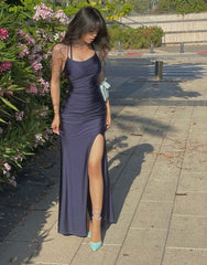 Simple Sheath Prom Dress with Split,Dark Navy Graduation Dress fg4187