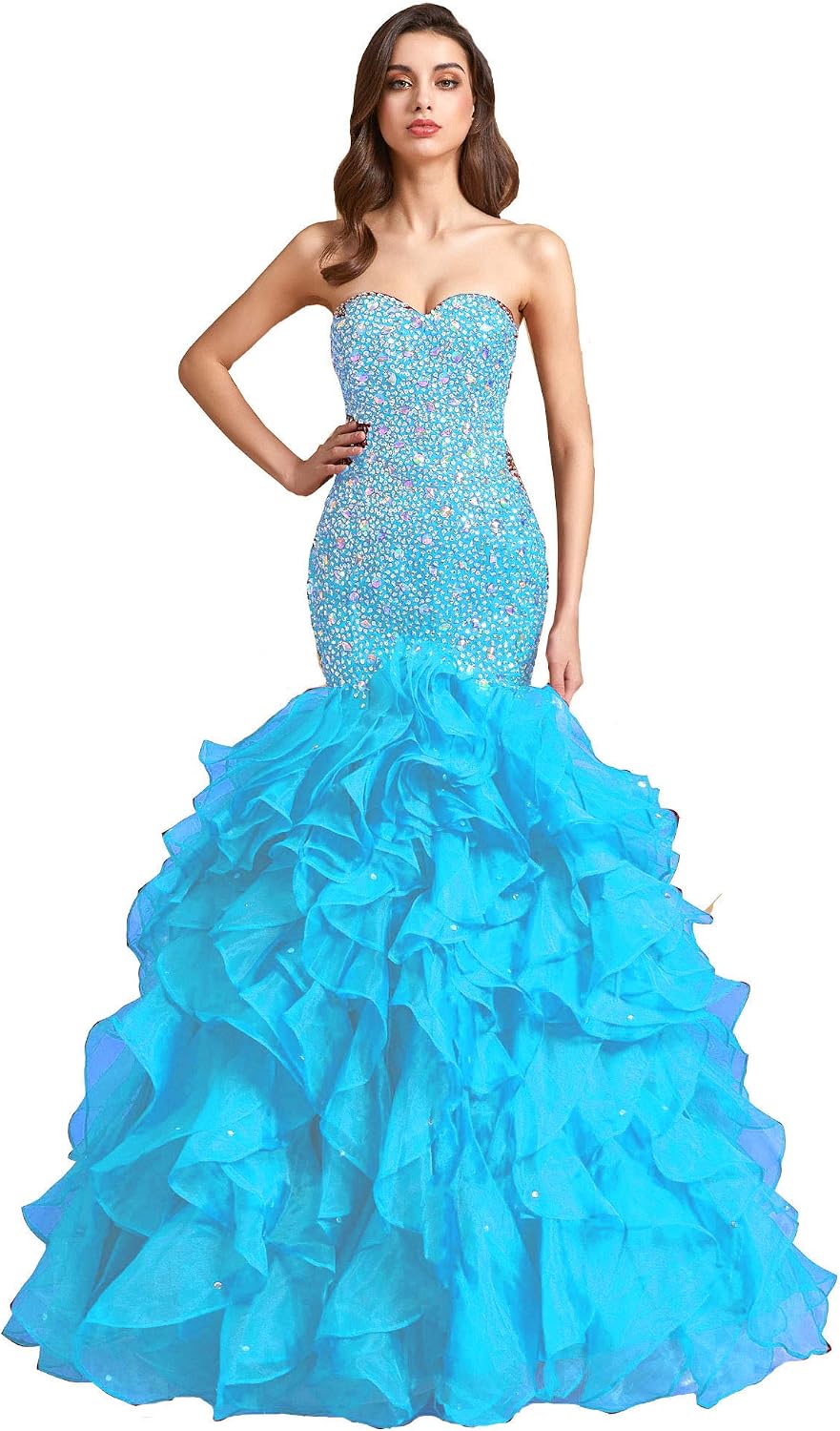 Crystals Long Mermaid Ruffles Beaded Sweetheart Corset Formal Prom Evening Dresses