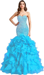 Crystals Long Mermaid Ruffles Beaded Sweetheart Corset Formal Prom Evening Dresses