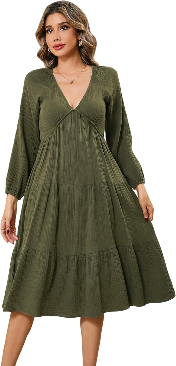 R.Vivimos Women's Fall Casual Gauze Cotton Dresses V Neck Long Sleeve Ruffle Tiered Flowy Midi Dress with Pockets