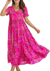 YESNO Women's Summer Maxi Dresses Casual Floral Short Sleeve V Neck Boho Beach Vacation Swing Dress with Pockets EVF