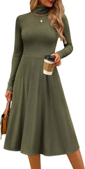 CFLONGE Women's Casual Ribbed Knit High Neck Dress Long Sleeve Fall Dress for Women 2026 Lightweight A Line Flare Dresses