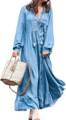 Women's Long Sleeve Tiered Jean Tunic Dress Summer Flowy Swing A-Line Maxi Long Denim Dress