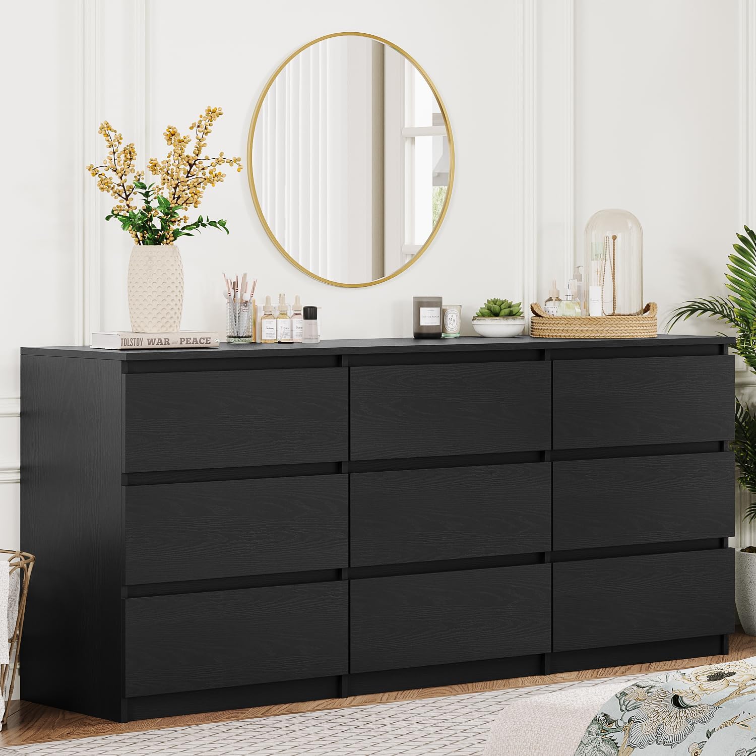 Angel Sar 62'' Black Dresser for Bedroom, Modern 9 Drawer Wood Dresser with Handle-Free Design & Thick Panel, Minimalist Storage Cabinet for Clothes, Entryway Use