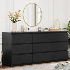 Angel Sar 62'' Black Dresser for Bedroom, Modern 9 Drawer Wood Dresser with Handle-Free Design & Thick Panel, Minimalist Storage Cabinet for Clothes, Entryway Use