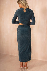 Petra Teal Sparkle Long Sleeve Cut Out Dress