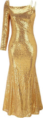 Gold Dresses for Women Formal Long Sleeve Bodycon Fishtail Long Dress Cocktail Evening Party Maxi Gala Dresses