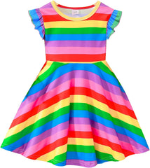 Tkria Toddler Girls Rainbow Dress Striped Fall Dress Cartoon Colourful Long Sleeve Casual Dressy 2-7T