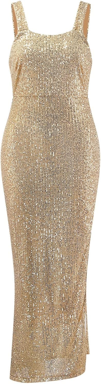 Womens Gold Sequin Dress Sparkly Halter Neck Side Split Bodycon Long Dress Evening Cocktail Party Prom Dresses