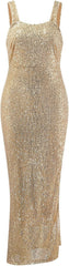 Womens Gold Sequin Dress Sparkly Halter Neck Side Split Bodycon Long Dress Evening Cocktail Party Prom Dresses