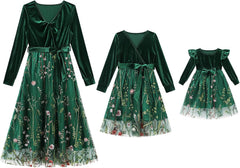 AWIBMK Mommy and Me Christmas Long Sleeve Floral Embroidered Tulle Velvet Dress with Belt Fall Winter Holiday Matching Outfit