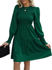 CUPSHE Women's Round Neck Emerald Green Smocked Long Sleeve Mini Dress Ruffled Hem Casual A Line Short Dress