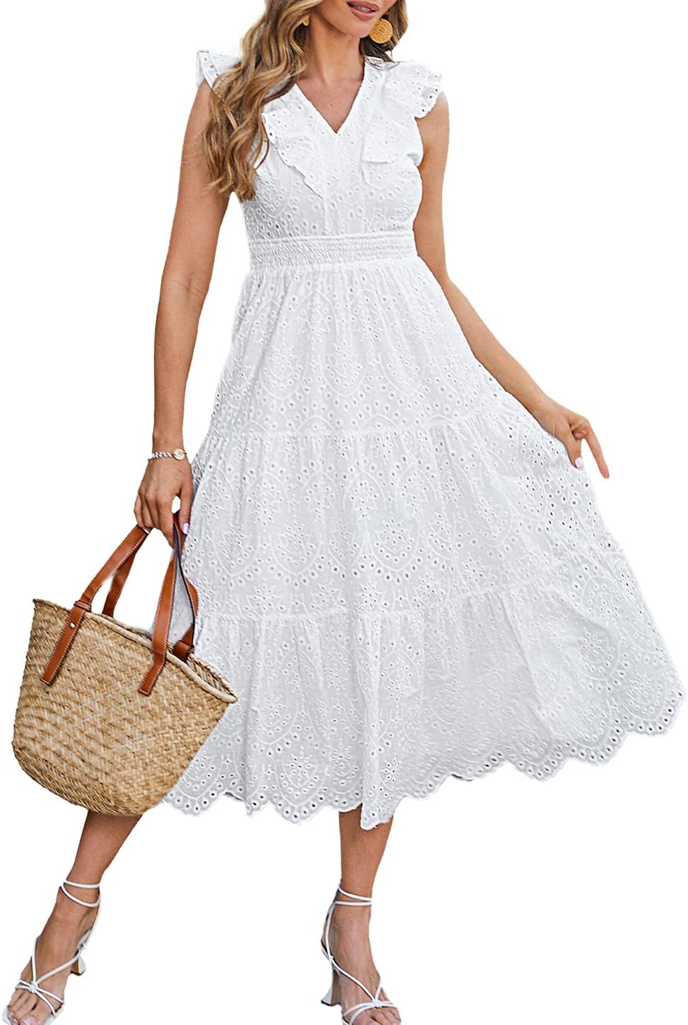 Midi Dress Eyelet Smocked Lace Cotton Tiered A Line Sun Dress with Lining V-Neck Ruffle Cap