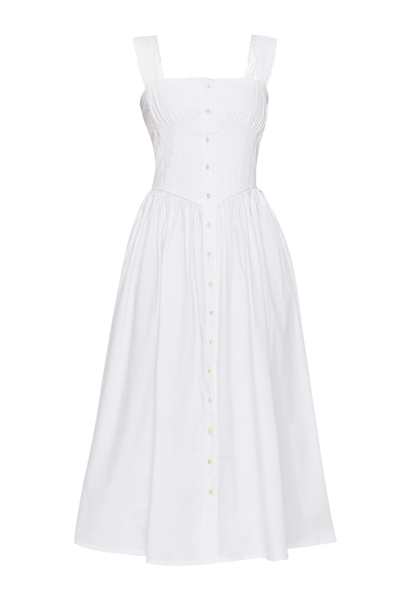 White Luna midi dress by Summer Away, featuring a flowy fabric, sleeveless design, and knee-length hemline perfect for summer wear.