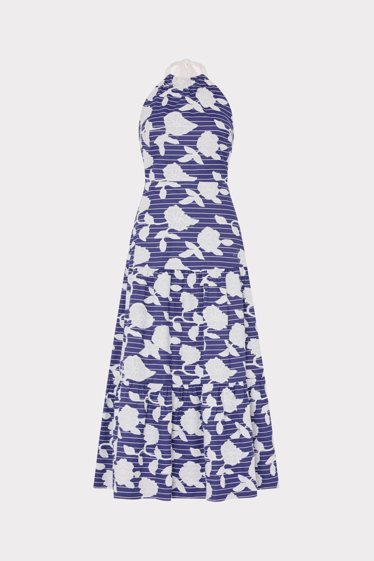 Blue White Floral Embroidered Hayden Halter Midi Dress - Front View | MILLY
