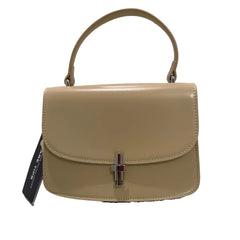 Beige handbag with a visible brand tag on a light gray background