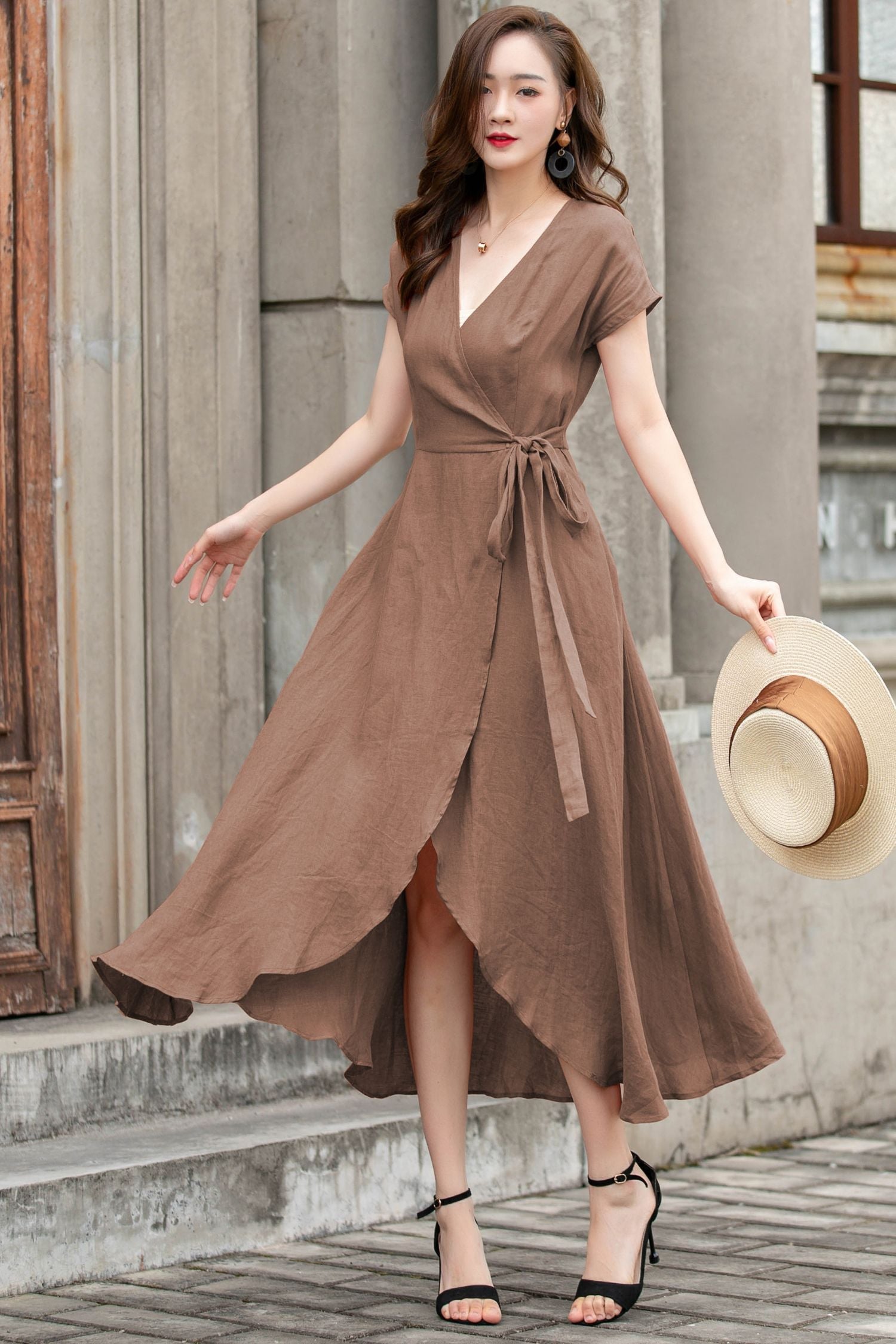 Brown Linen Wrap Dress – Handmade Summer Vintage Elegance 5761